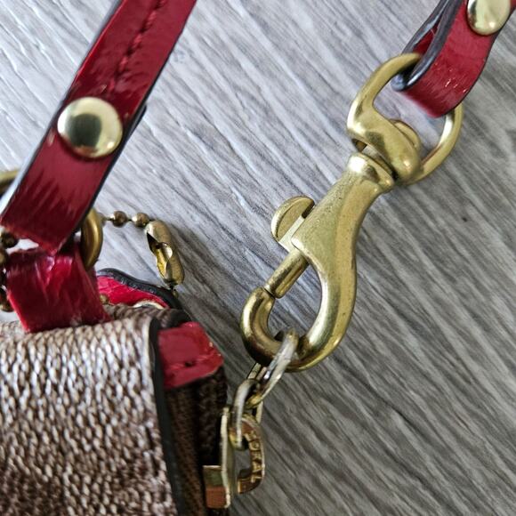 Coach Peyton Signature Brown & Pink Wristlet Gold Logo Card Holder Wallet Pouch - Picture 9 of 15
